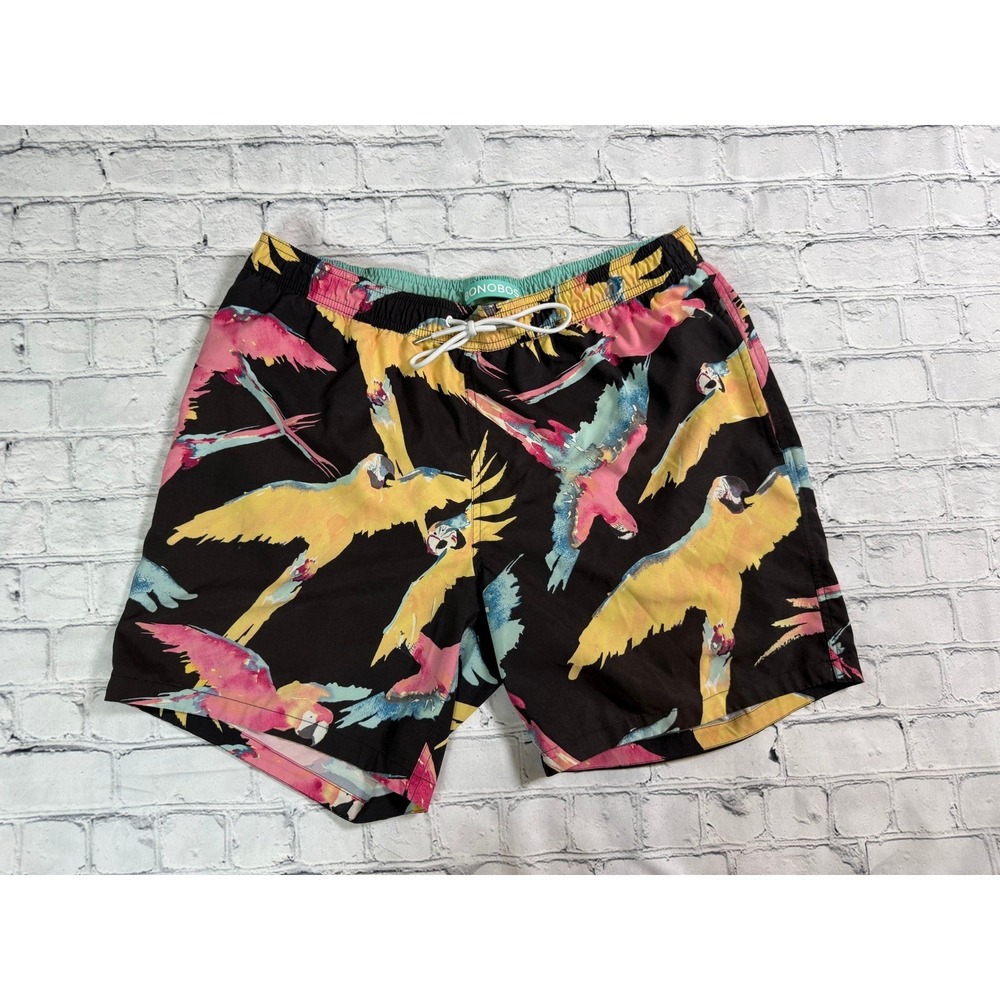 Bonobos Swim Trunks L 7" Inseam Tropical Parrot Bird Print Black Beach Summer